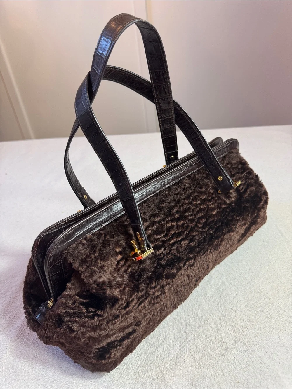 Kate Spade Plush Faux-Shearling Shoulder Bag in Dark Brown